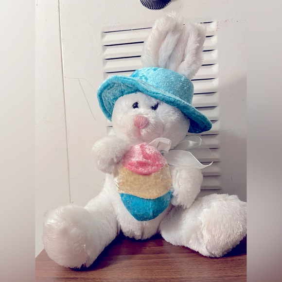 Plush Bunny With Egg and Cute Blue Hat - Picture 1 of 6
